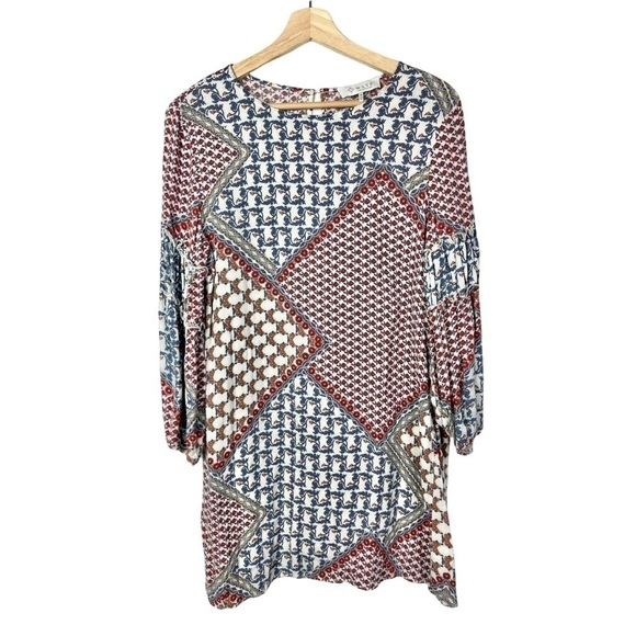 WAYF Red & Blue Patchwork Ruffle Sleeve Long Sleeve Shift Dress M - Picture 2 of 7